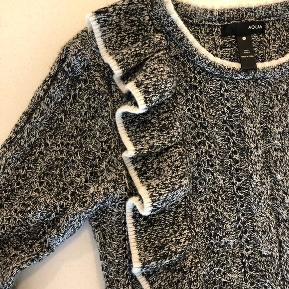 Aqua Ruffled Pointelle Sweater in Black and White - Picture 6 of 7